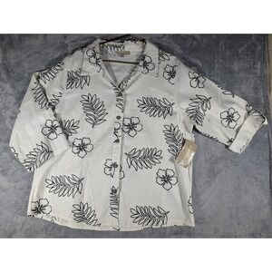 Allyson Whitmore Woman 1X Linen Blend Floral Leaf Print 3/4 Sleeve Button Shirt